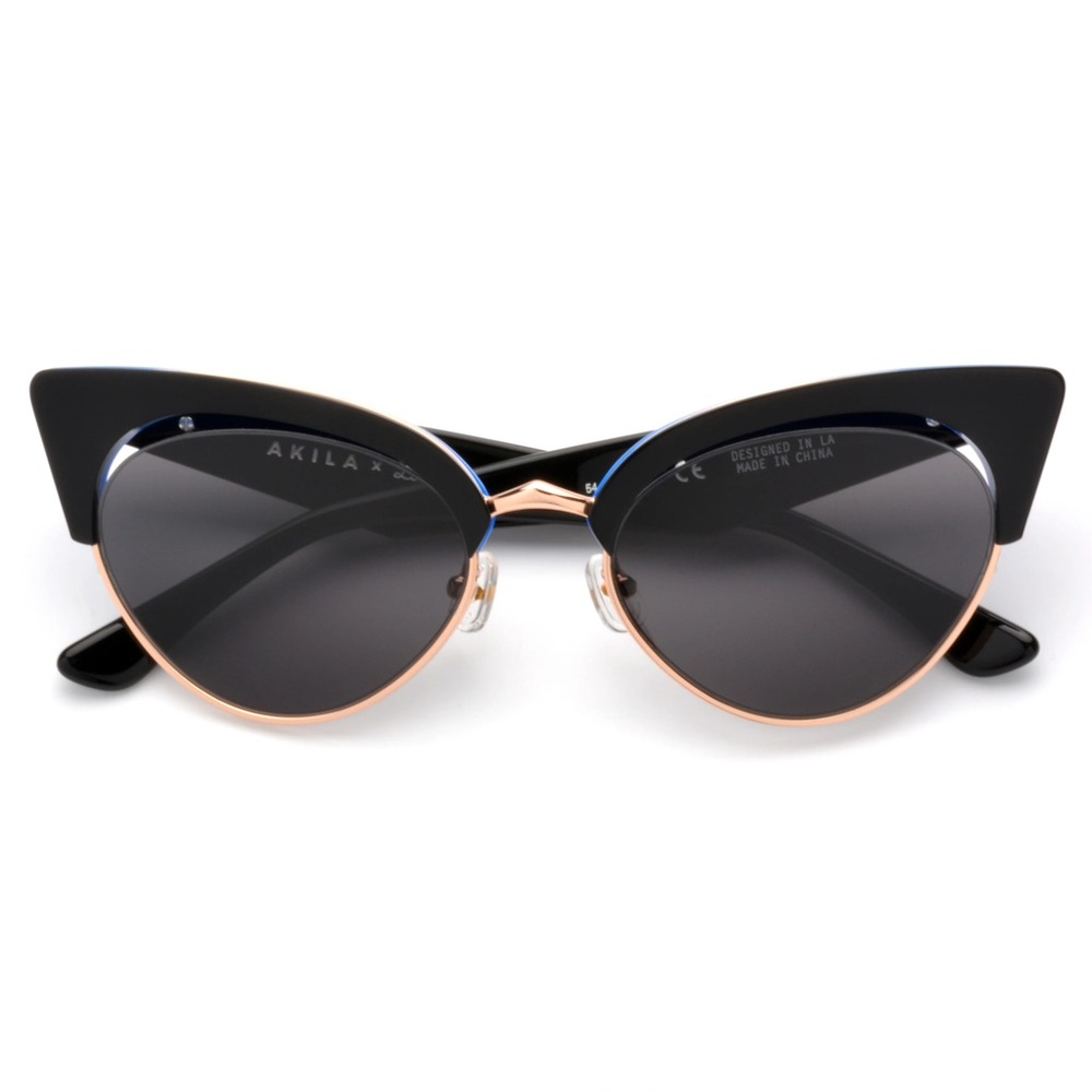 Akila x Love Made cat eye sunglasses black blue gold hardware new in box Rare